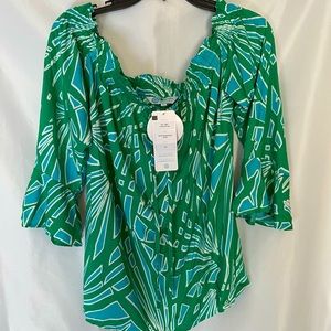 Escapade Living Womens 3/4 Sleeve Vence Palm Turquoise Blouse Medium Blue Green